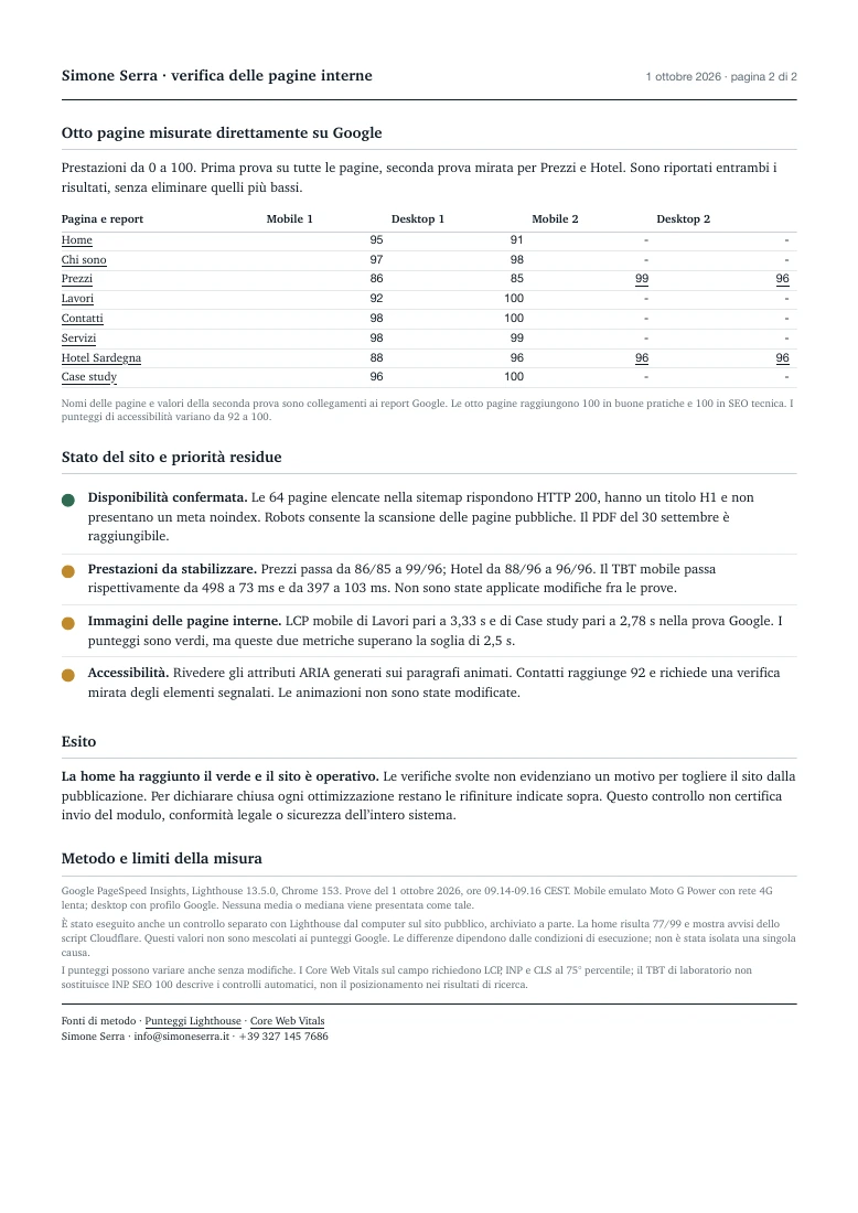 Seconda pagina del referto, dati delle otto pagine e metodo