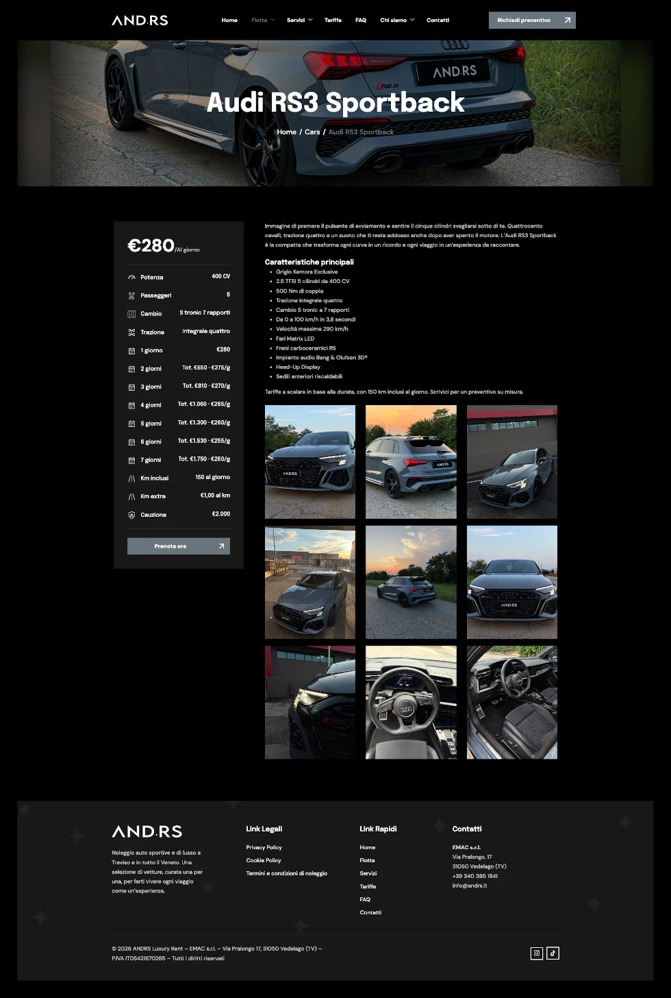 La scheda Audi RS3 organizza caratteristiche, informazioni e contatto per il noleggio.