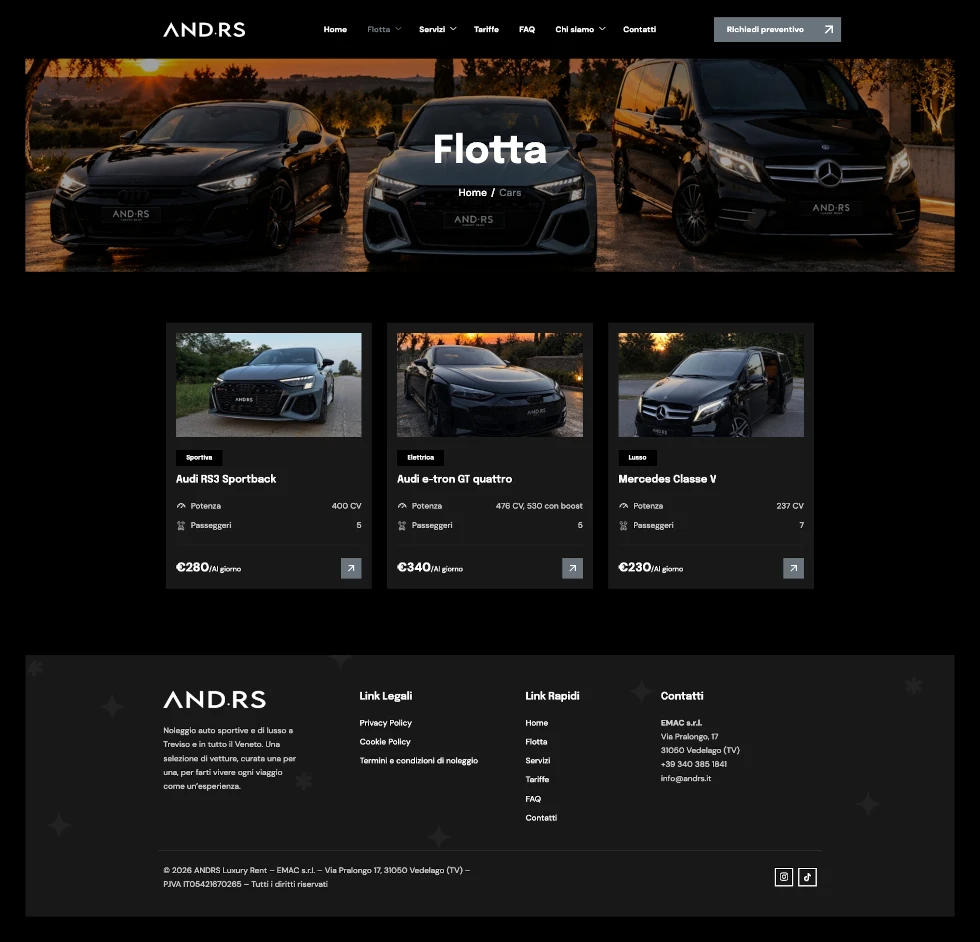 La flotta riunisce auto sportive, elettriche e vetture per viaggiare in gruppo.
