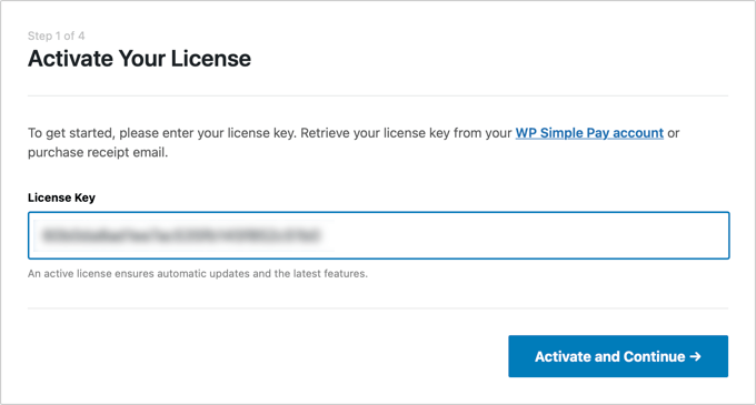 Ti verrà chiesto di inserire la tua chiave di licenza WP Simple Pay
