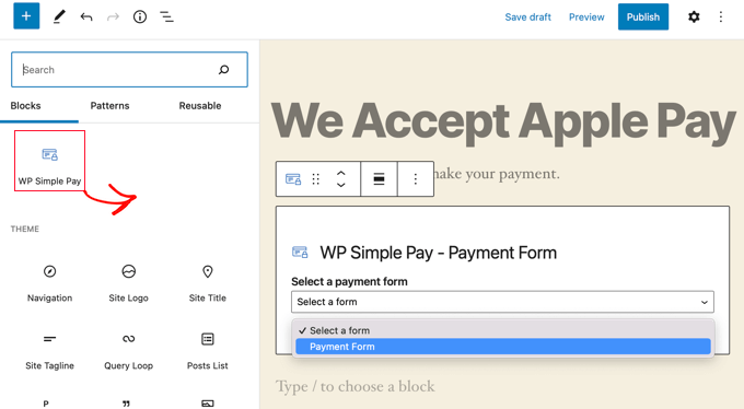 Aggiungi il WP Simple Pay Block a un post o a una pagina