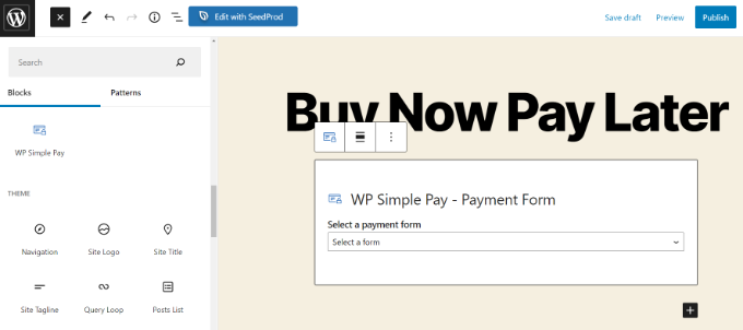 Aggiungi un blocco WP Simple Pay