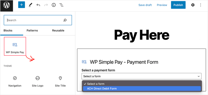 Aggiungi WP Simple Pay Block