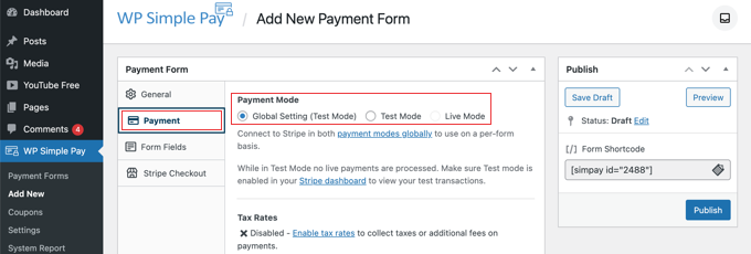 Imposta la modalità di pagamento su Live o Testing