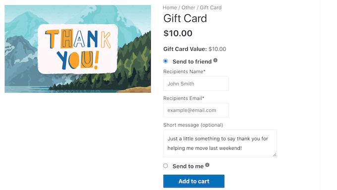 Una carta regalo creata utilizzando le carte regalo avanzate per WooCommerce