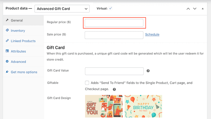 Impostare un prezzo per la tua carta regalo WooCommerce
