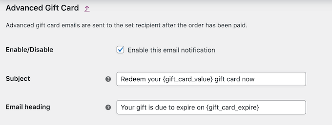 Personalizzazione del modello di email della carta regalo