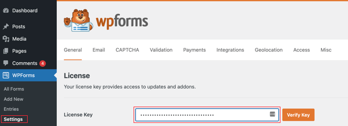 Visita la pagina WPForms »Impostazioni per inserire la tua chiave di licenza