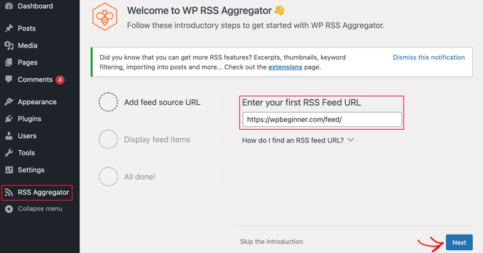 Inserisci l'URL del feed nelle impostazioni di WP RSS Aggregator