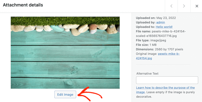 Modifica di un'immagine nella libreria multimediale di WordPress