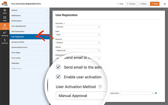Abilita l'approvazione dell'amministratore per la registrazione degli utenti in WPForms