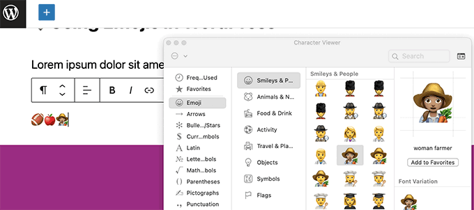 Inserimento di emoji in WordPress su un computer Mac
